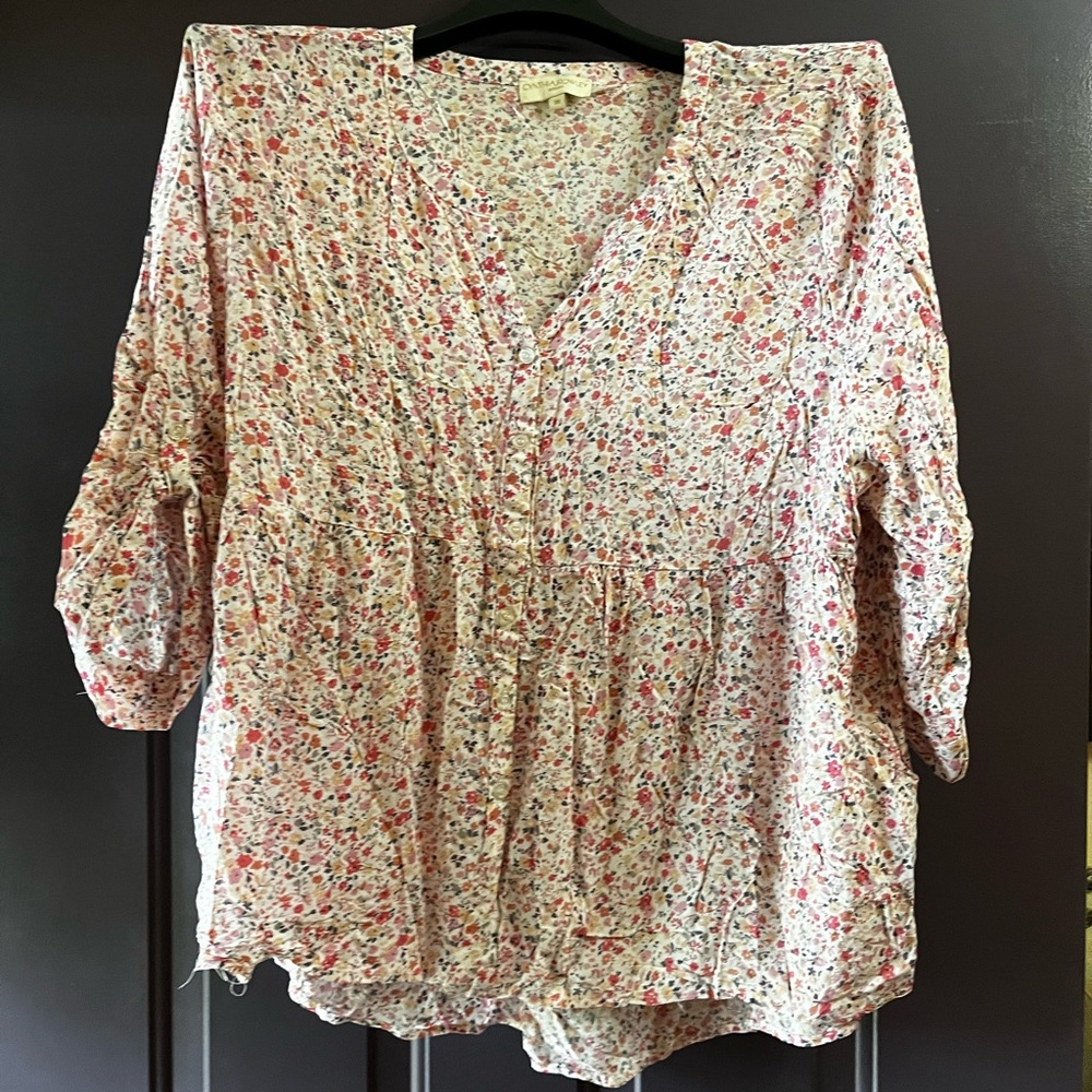 Cynthia Rowley Pink and Red 3/4 Sleeve Pleated Blouse